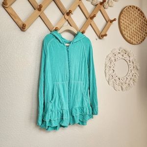 Kickee Pants Ruffle Hoodie Lightweight Teal Bamboo Girls Small